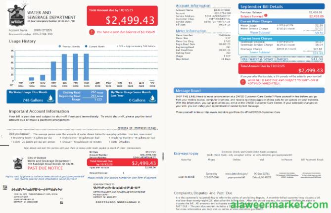 USA Detroit Water and Sewerage Department utility bill template in Word and PDF formats, 2 pages, version 2